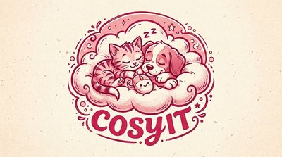 A kitten and puppy cuddled on a cloud with a cute computer mouse between them